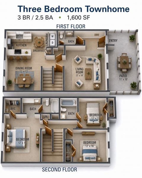 Floor plan for 3 beds, 2.5 baths, 1598 sqft